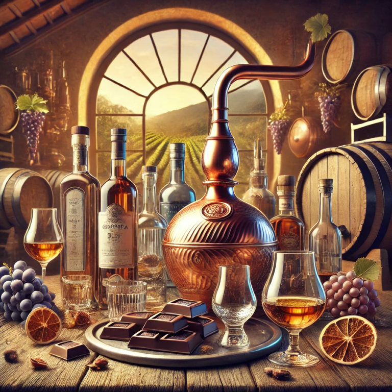 L’immagine cattura l’essenza dei distillati d’uva, dal rame dell’alambicco alla raffinatezza di grappa, brandy e cognac, simboli di tradizione e lusso